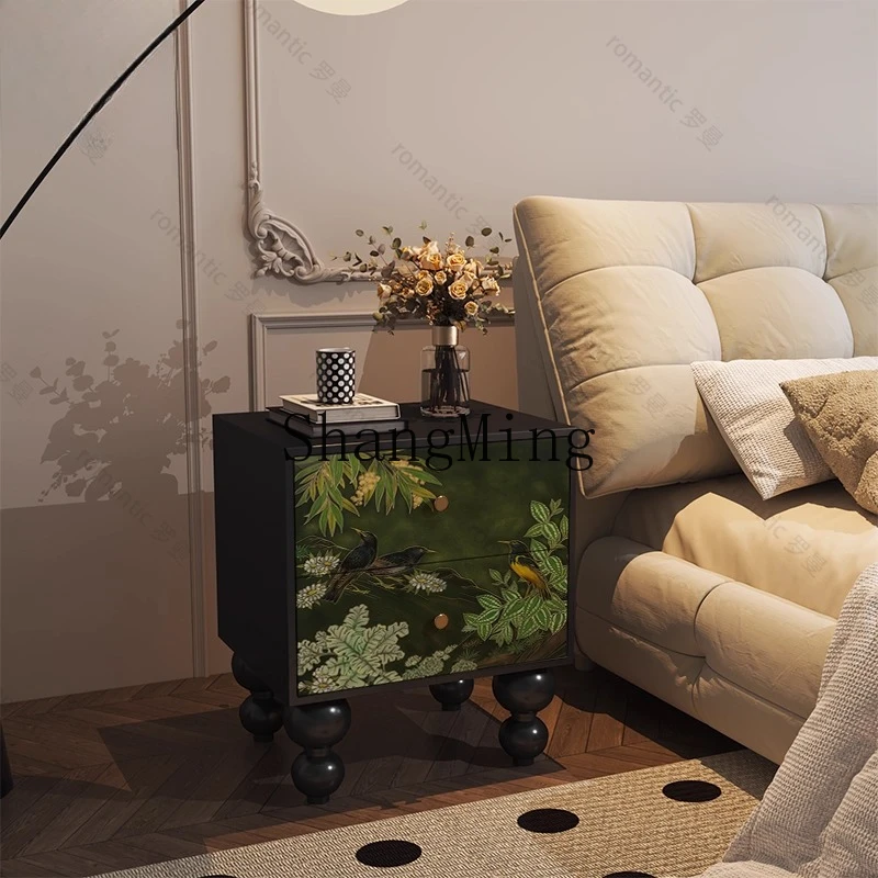 

SM retro flower and bird solid wood bedside table small apartment bedroom integrated drawer cabinet bedside simple