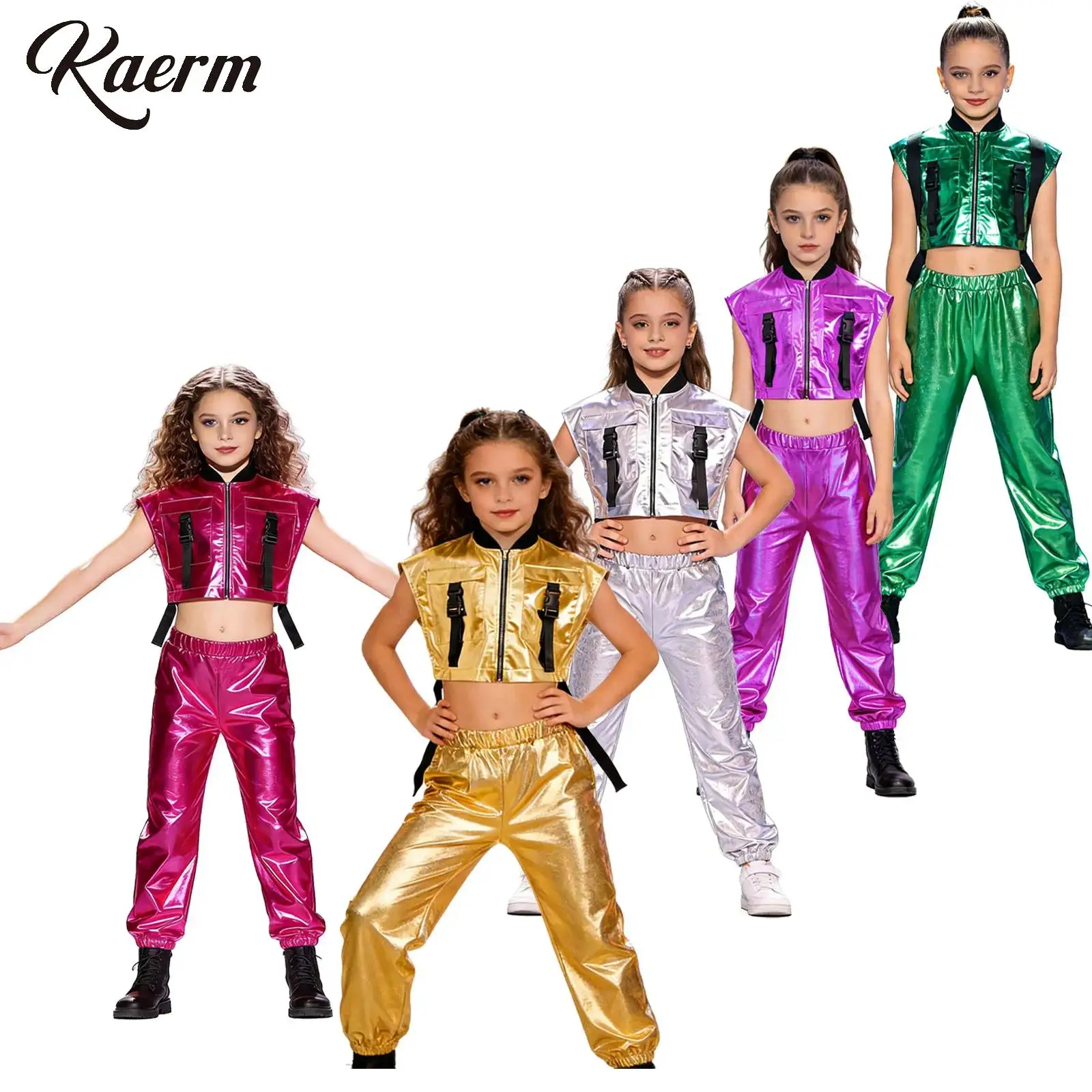

Kids Girls Jazz Dance Sets Sleeveless Sides Zipper Metallic Crop Vest Jacket with Shiny Long Pants Hip Hop Street Performance