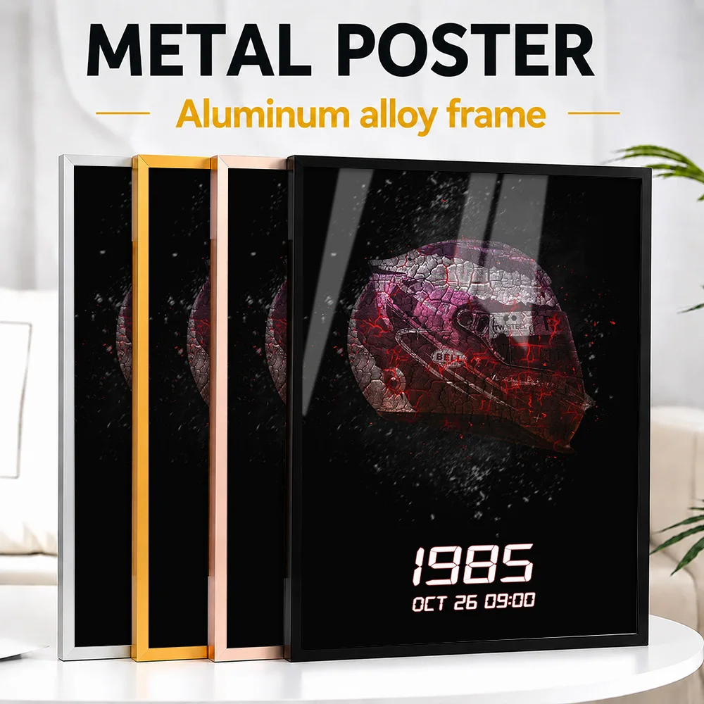 Racing Helmet Red Particle Effect Framed Metal Poster Customized Grunge Style Wall Art For Workshop, Motorsport Enthusiast Gift