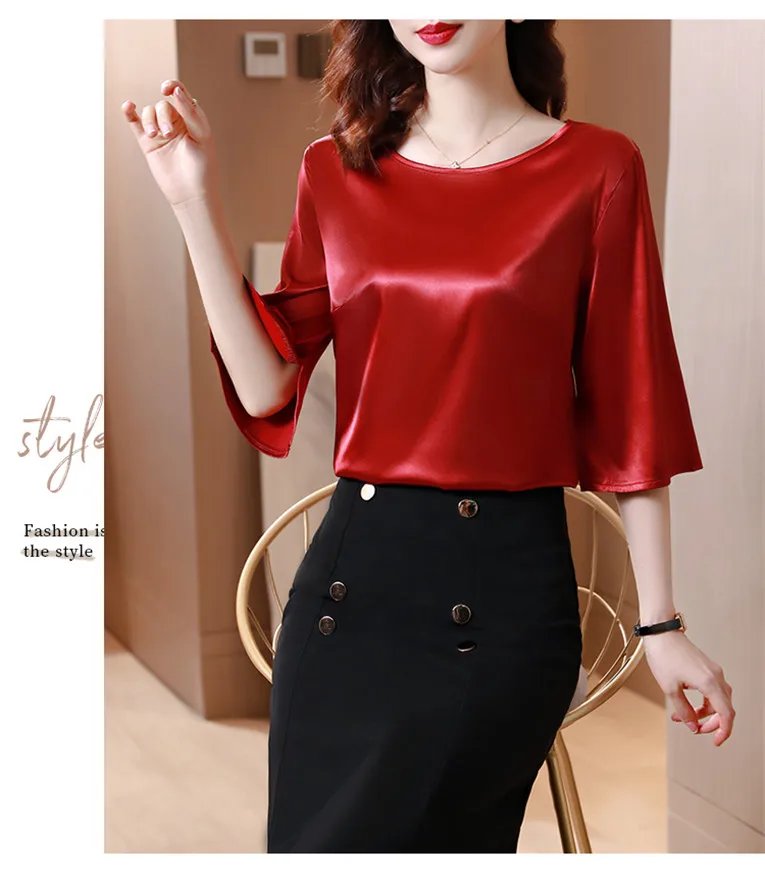 2026 Spring and Autumn New All-match O-neck Three-quarter Flared Sleeve Acetate Satin Blouse tops Basic Simple Ice Silk Shirts