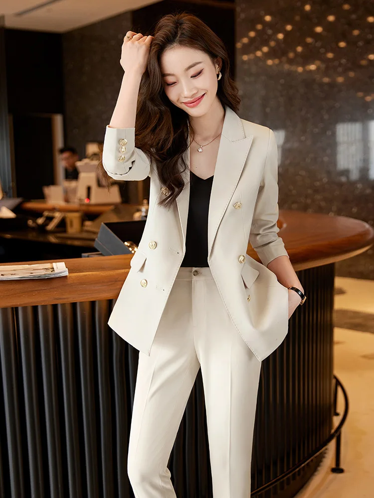 

Women Formal Pant Suit 2024 New in Bule Office Lady Business Suit Blazer Jacket with Trouser Elegant 2 Piece Set Female Clothing