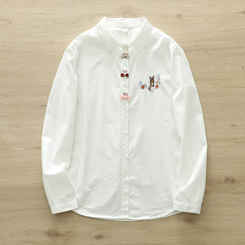 New Spring Autumn Women Bow Embroidered Long-sleeved Shirt White Color Cotton Casual Sweet Female Slimming Blouse Tops U040