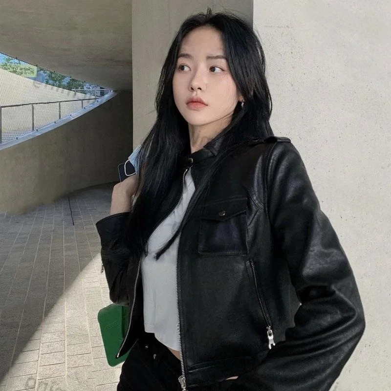 Soft Sle Bla Zipper Leather Jaet Feminino Casual Outono Faion Outerwear Ele Personali Fem Roupas