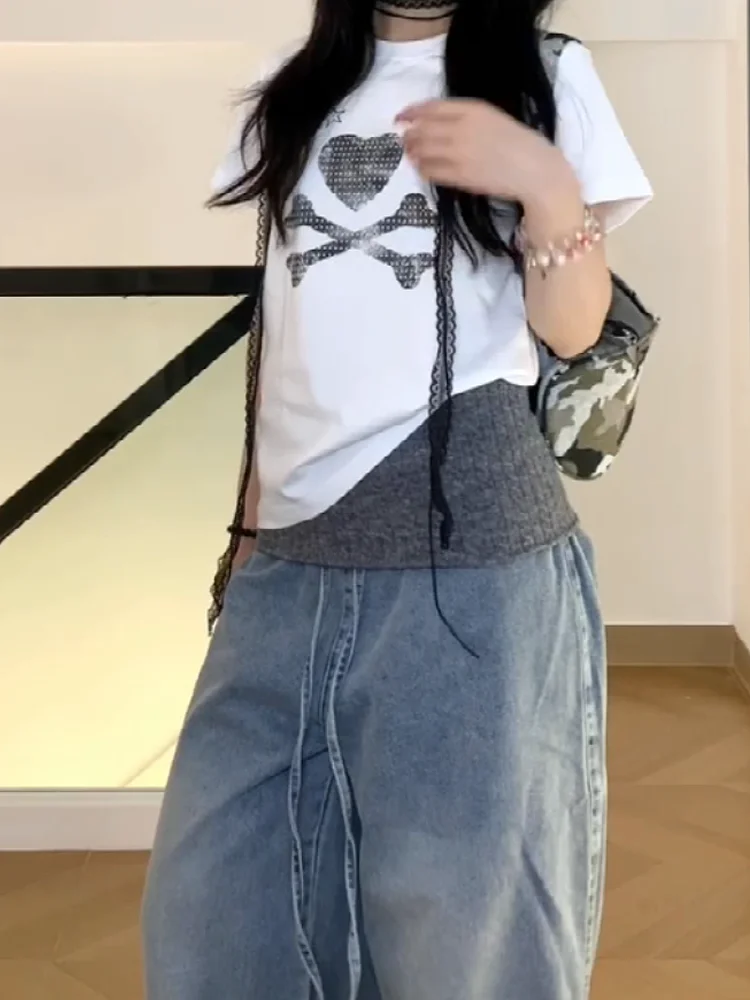 American Retro Knitted Patchwork Waistband Jeans Women Summer New Design Loose Slim Wide Leg Floor-Length Pants