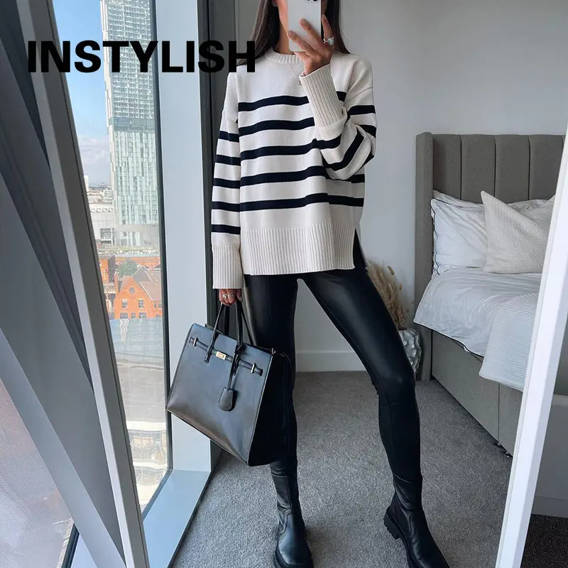 Women Elegant Striped Loose Sweater Y2K Streetwear O Neck Knitted Pullover Autumn Winter Vintage Harajuku Oversized Jumpers 2022