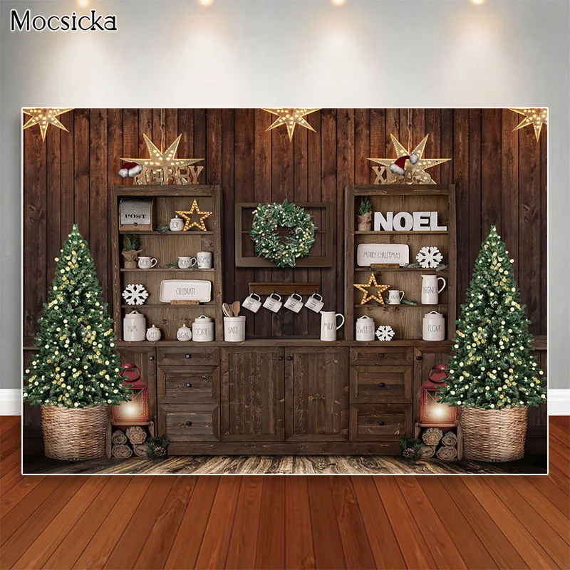 Christmas Kitchen Backdrops for Photography Brown Wood Cupboard Backgrounds for Photo Studio Christmas Tree Decorations Supplies