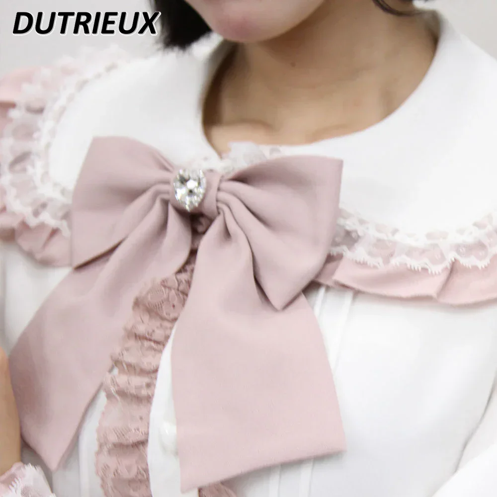 Spring New Japanese Sweet Cute Girls Lace Bottom Shirt Solid Color Versatile Big Bow Blouse Lolita Doll Collar Long Sleeve Tops