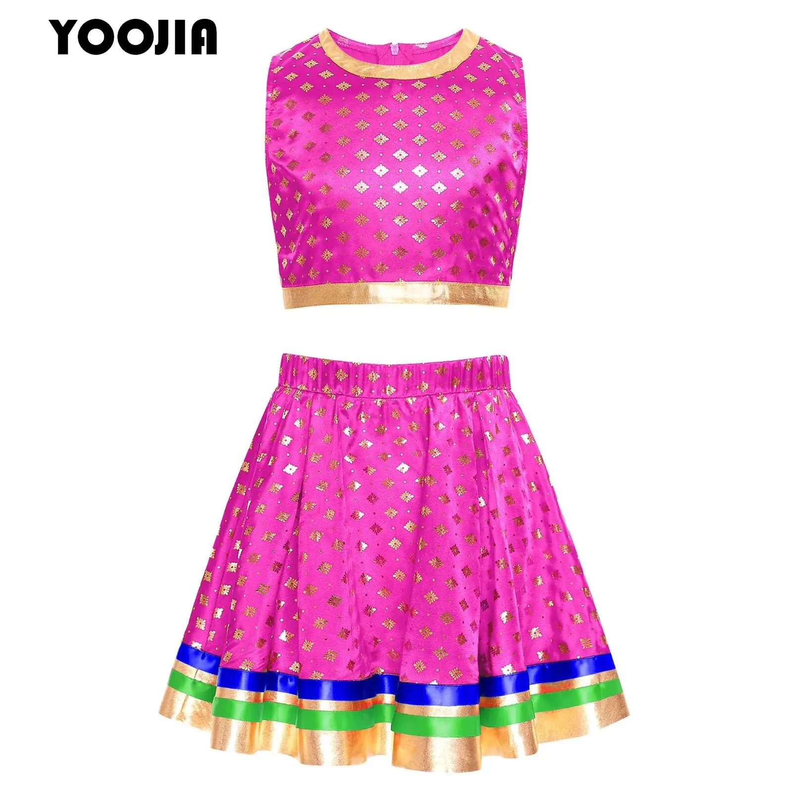 

Girls India Lehenga Choli Dance Outfit Satiny Brocade Zipper Cropped Tank Top And Striped Hem Skirt Indian Princess Costume Set