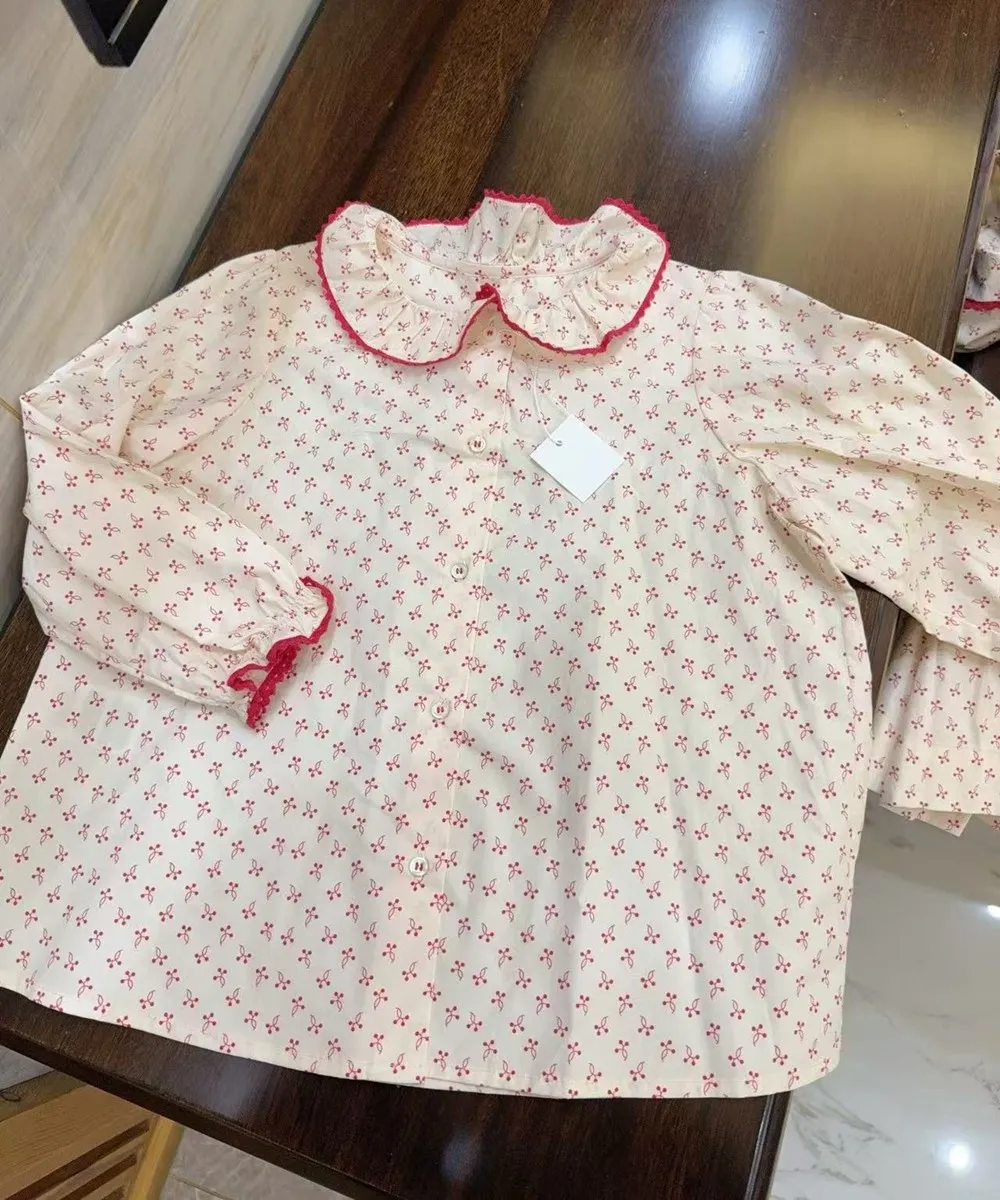 Spring Baby Girl Clothes Cotton Casual Tops Girls T-Shirt Pink Shirts Full Cherry Patterned Printed T-Shirt