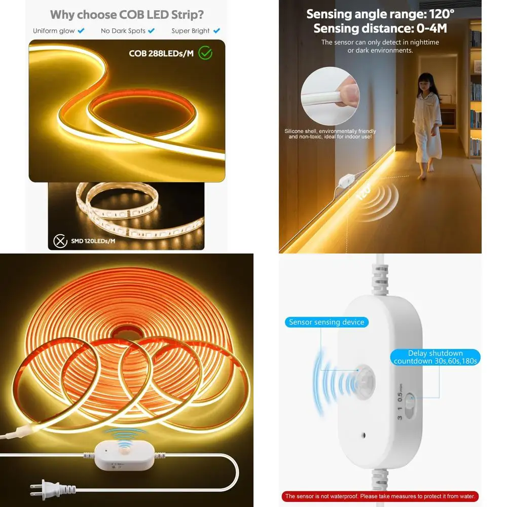 

AC 110V Motion Sensor COB LED Strip Light Outdoor Waterproof 40FT/12M Plug In Warm White 3000K High Density 288LED/M Adjustable