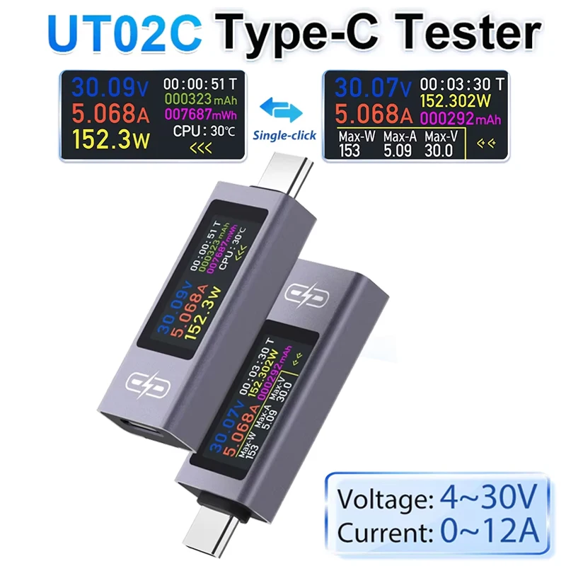 UT02C USB Color Screen Type-C Tester DC4-30V 12A Voltage Ammeter Voltage Current Power Meter Fast Charging Test CPU Temp Monitor
