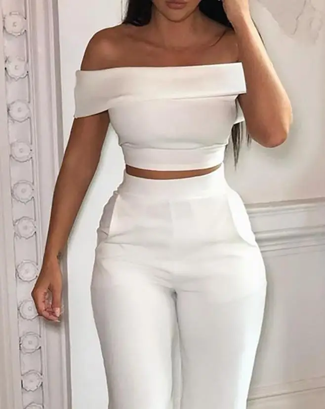 Two Piece Set for Women 2024 New Temperament Solid color  Off Shoulder Short Sleeve skinny Crop Top & High Waist Pants Set