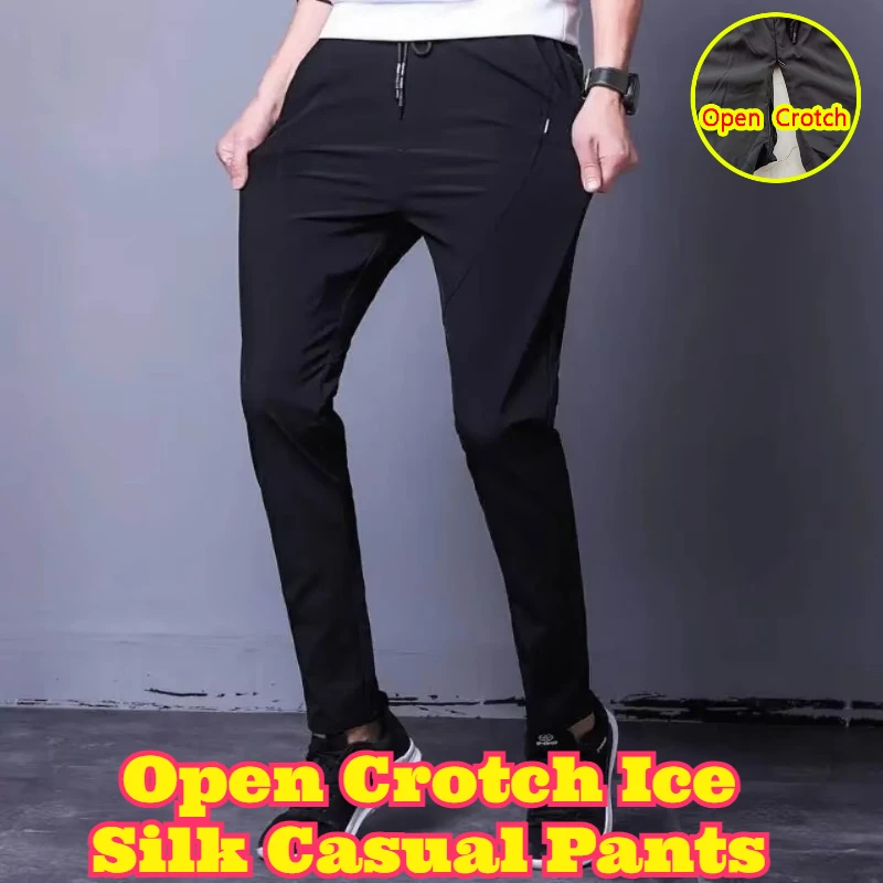 Open Crotch Spring Summer Ultra Thin Ice Silk Mens Casual Pants Slim Tapered Stretchy Versatile No Lint No Iron Smooth Fabric