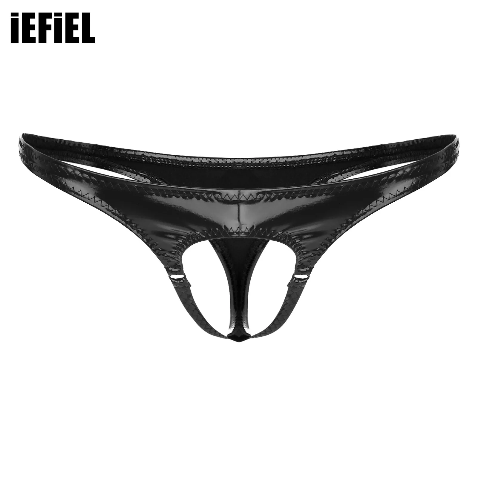 

Mens Hollow Out Front Thong Wet Look Patent Leather G-String Underwear Low Rise Elastic Waistband T-back Underpants