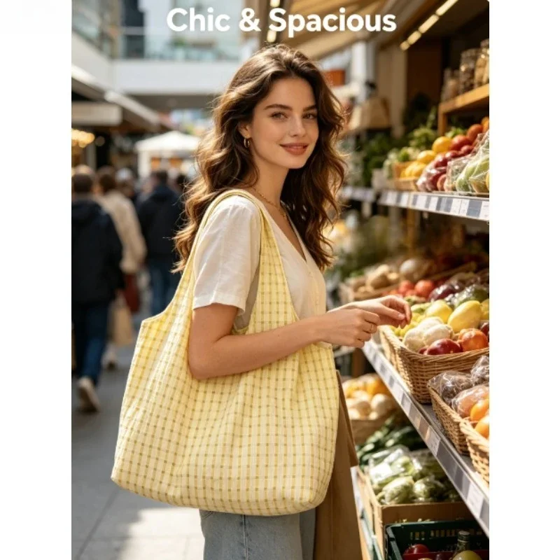 Mint Green Plaid Canvas Shoulder Tote Bag Vibrant Candy Tone Lightweight All-match Summer Outing Refreshing Design image 4
