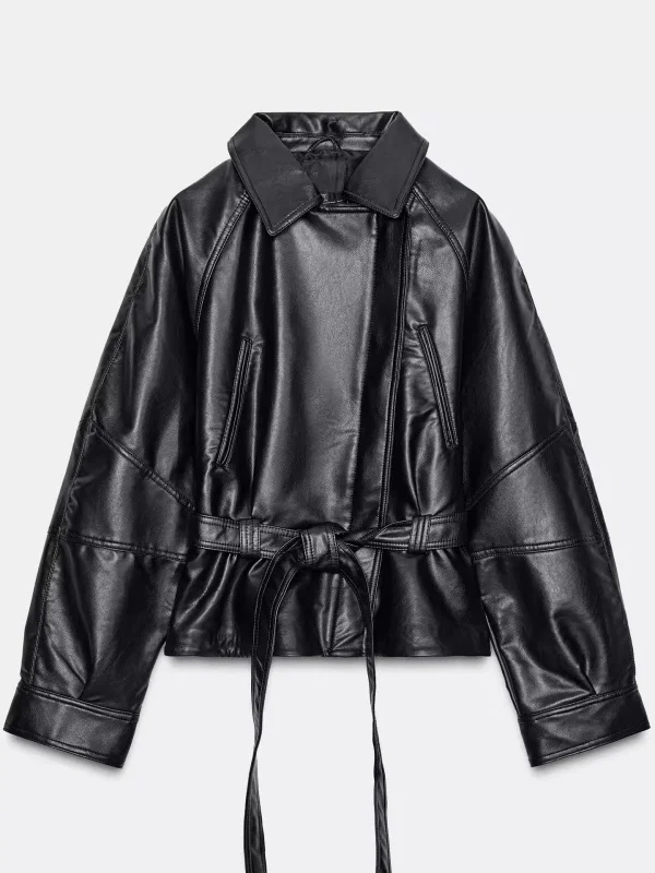 شتاء 2025 المرأة الأمريكية Sle مربوط Bla بولي Leather الجلود Jaet ort تنورة ملابس خارجية فضفاضة تناسب طويلة Sve سستة إغلاق #5