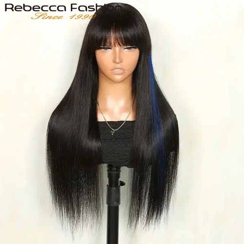 Imagen 2 del producto Pelucas de cabello humano liso brasileño con flequillo, pelucas de cabello humano 100% Remy negras naturales para poner y salir, pelucas completas a máquina para mujeres