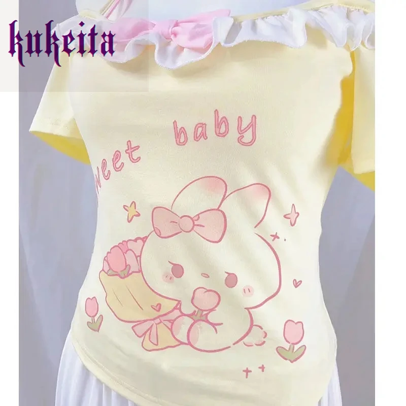 Harajuku Sweet Cute Lolita T-shirt Women Y2k Cartoon Bunny Print Pink Bow T-shirt Japanese Kawaii Off Shoulder Tees Y2k Tops