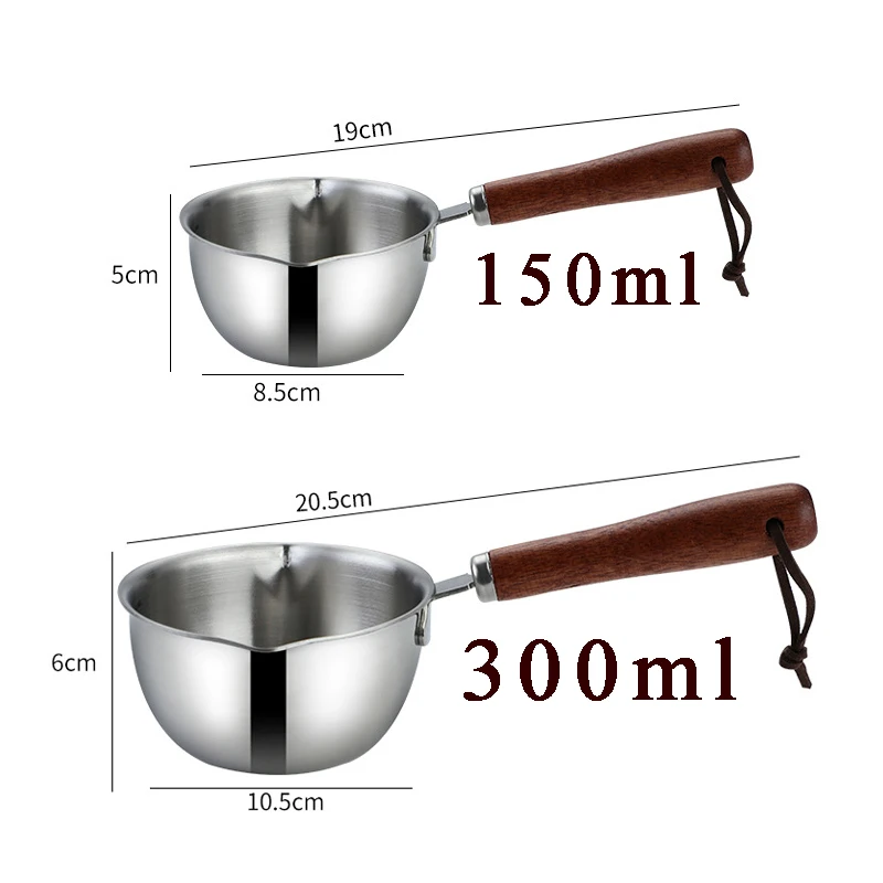 Wood Handle 304 Stainless Steel Pot Oil Pouring Pot Small Milk Pan for Hot Oil Dripping Household Kitchen Measuring Sauce Pan