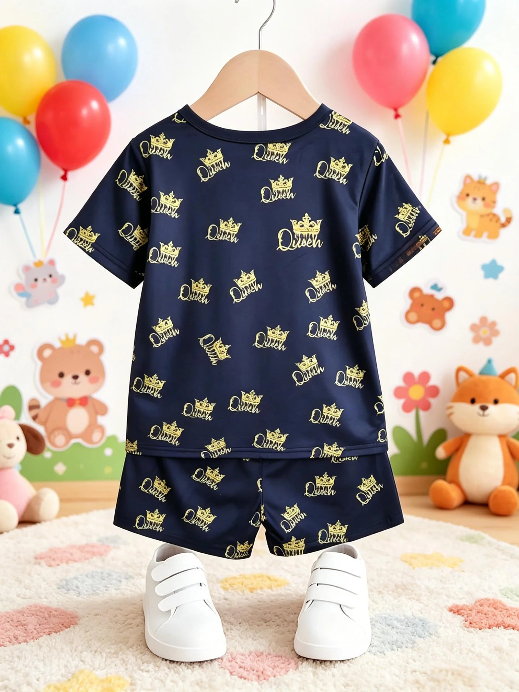 Crown Letter Print Set Boys Navy All Over Print Short Sleeve Same Print Shorts Cool Style