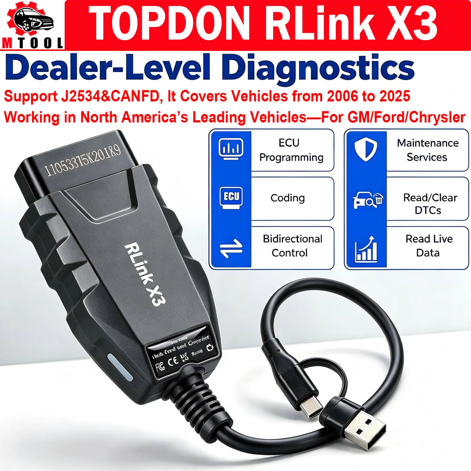 TOPDON RLink X3 All-in-one Dealership Diagnostic CANFD Tool Support US Brand Vehicles For GM/Ford/Chrysler From 2006 to 2025