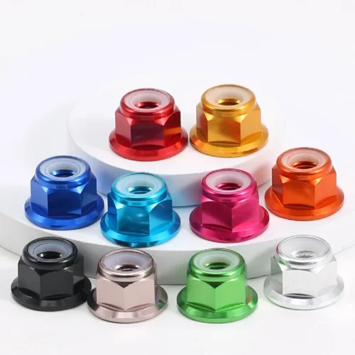 Imagen 1 del producto Tuerca de seguridad de aluminio M2 M2.5 M3 M4 M5 M6 M8 Tuerca con brida de aleación de aluminio colorida Tuerca de bloqueo de inserción de nailon Tuerca autoblocante Anti-tuerca suelta