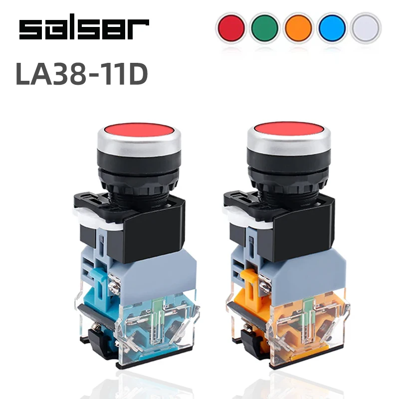 

Push Button Switch Reset Self-Locking Flat Head 22mm Mount With LED Lamp Control Circuit Power LA38-11D 11DN