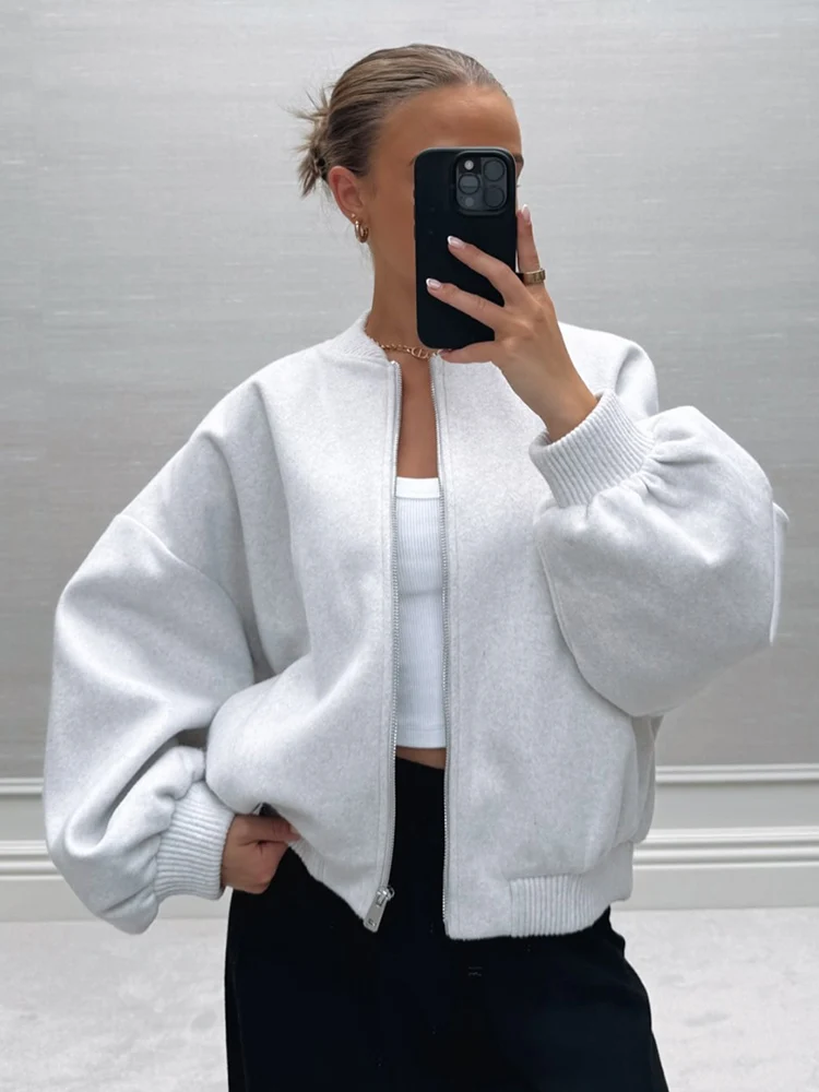 

HH Women's Fashion Simple Versatile Soft Loose Bomber Long Sleeves Jacket Female 2-Colors Zipper With Pockets Casual Short Coats