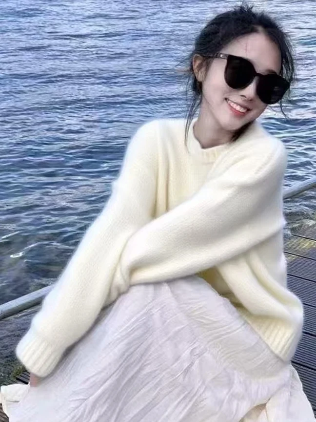 

Весенне-осенний женский трикотажный джемпер свободного кроя с круглым вырезом, укороченный, для мам, скрывающий живот, базовая кофта из комфортной мягкой шерсти