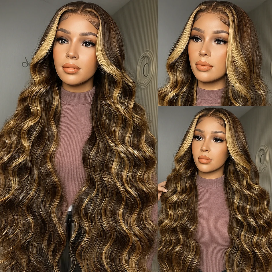 P4/27 mel loira destaque onda do corpo 13x4 hd peruca frontal do laço transparente pré arrancado colorido brasileiro remy perucas de cabelo humano