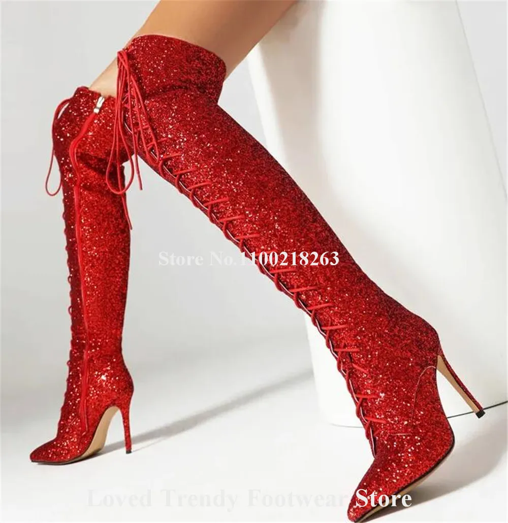 Bling Bling Glitters Stiletto Heel Over Knee Boots Shining Red Gold Silver Sequined Lace-up Thin Heel Long Boots Big Size Heels