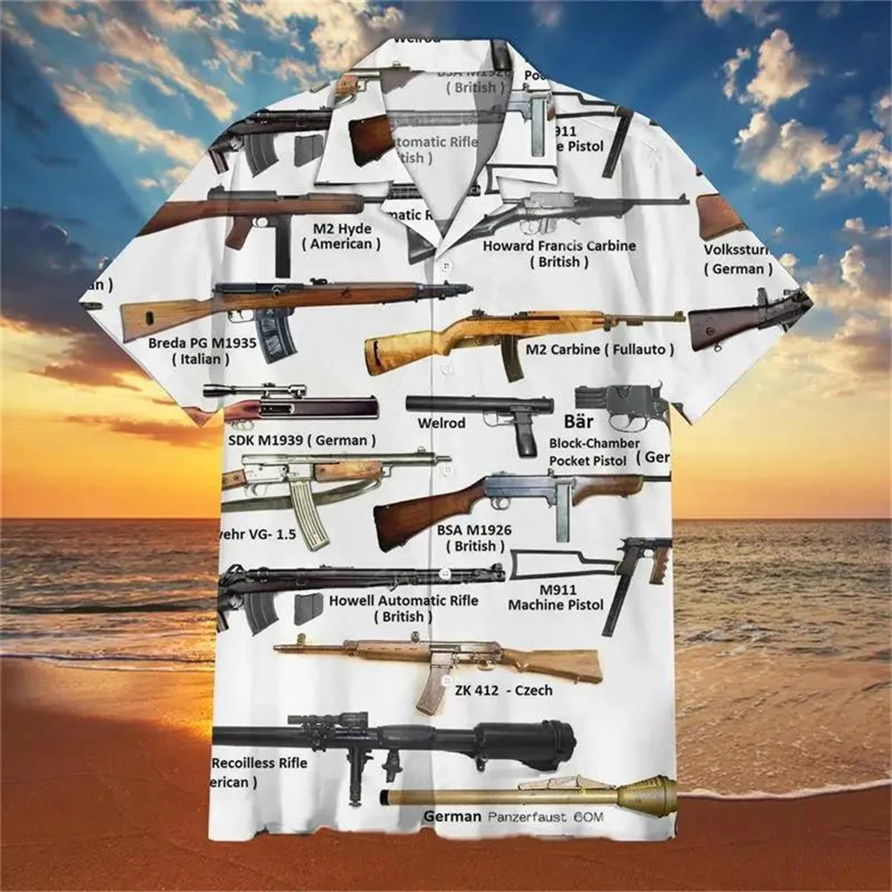 

Men's 3D Printed Hawaiian Shirt Gun Graphic Beach Vacation Style Oversized T-shirt Street Wear Casual Long Sleeve