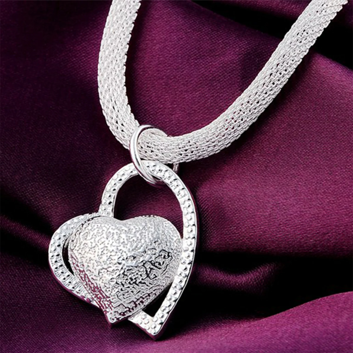 

925 Sterling Silver 18 Inch Double Heart Pendant Necklace Snake Chain For Woman Valentine's Day Birthday Party Fine Jewelry Gift