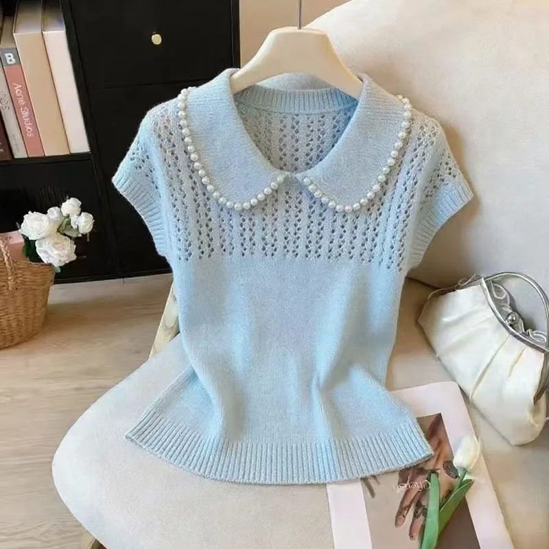 

Fashion Summer Doll Collar Knitted Sweater Women Pullovers Short Sleeve Beading Knit Sweater Pullover Women Tops Knitwears Q4031