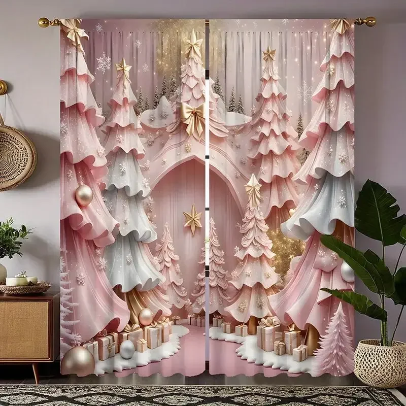 

Pink Christmas tree printed curtains, Christmas decorations, bedroom and living room, home decoration, room decoration