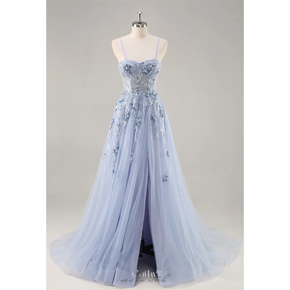 

Cathy Customized Blue Spaghetti Strap Shiny Sequins Prom Dresses A-Line Sleeveless vestidos de noiva Floor-Length Formal Evening