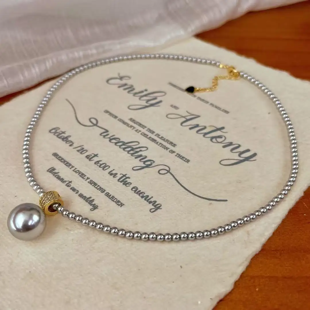 Vintage Platinum Grey High-Luster High-Quality Faux Pearl Designer Choker Necklace,Silver-Tone Collarbone Chain for Women