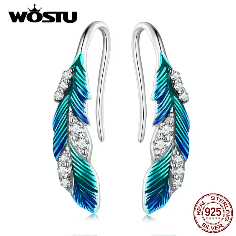 WOSTU 925 Sterling Silver Enamel Blue Feather Drop Danlge Women Earrings Dazzling CZ Long Earring Party Gift Bohemian Jewelry