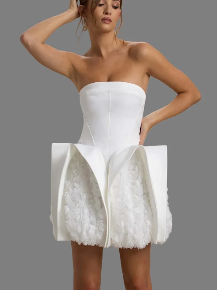 

Brand New Fashion Women Sexy Strapless White Flower Mini Dress Designer High Street Elegant Evening Party Dress Gloves