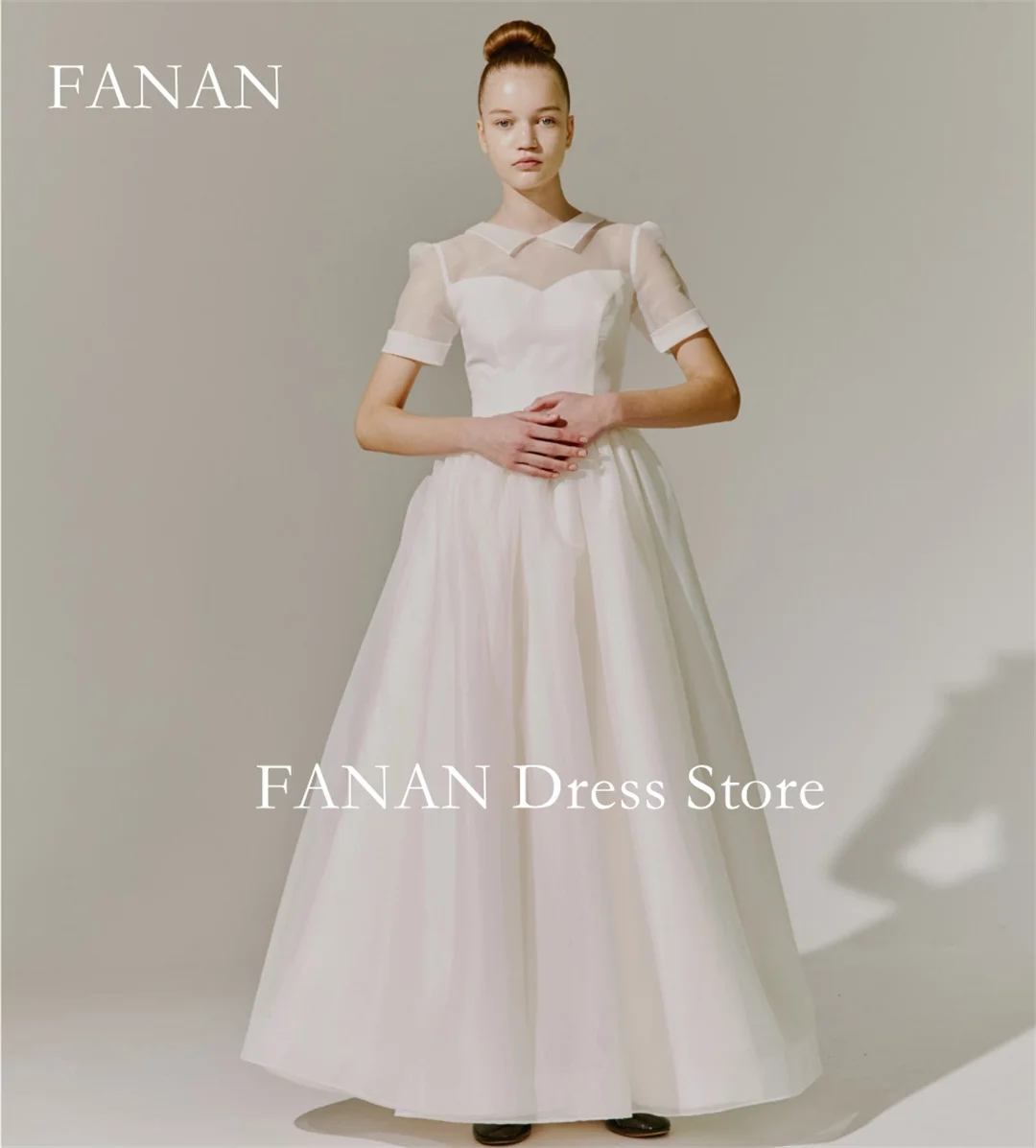 Fanan Korea High Neck Ivory Wedding Dresses  웨딩드레스 Organza Short Sleeves Customized Ruched Photoshoot Bride Gowns Plus Size