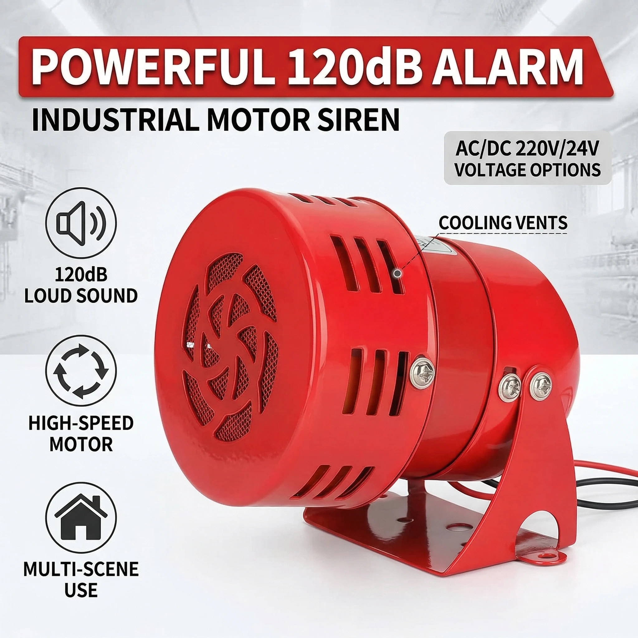 MS-190 120dB Mini Motor Siren,220V High-Power Metal Horn Industrial Alarm, Screw Mount Warning Siren for Security & Construction