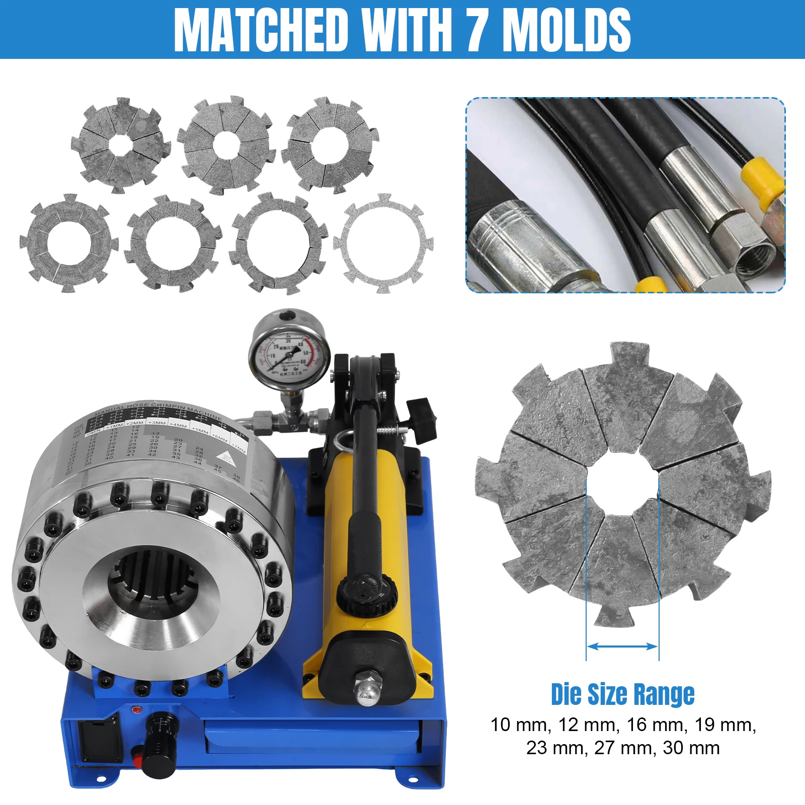 

Handheld Hydraulic Hose Crimping Tool with 7 Sets of Dies 10-30mm Hydraulic Manual Crimping Machine