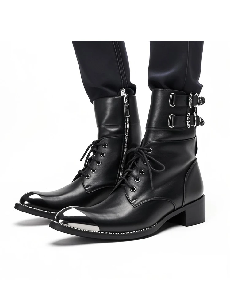 Schwarze Gürtelschnalle Weiches Leder Knöchel Herren Stiefel Westernstiefel Herren Spitzschuh Cowboy Schuhe Party Bota Masculina Herren, Große Größen – Detail 8