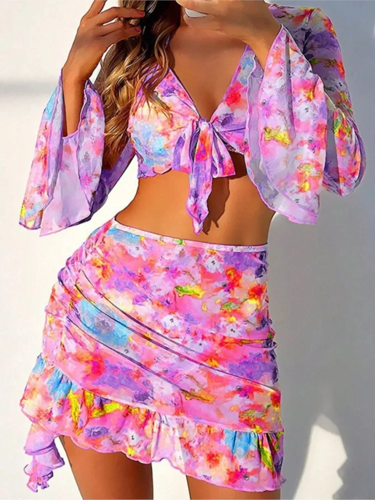 2025 Sexy Vier-stück Frauen Badeanzug Langarm Cover-up Bademode Sommer Solide Bikini Set Brasilianische Bademode Party Badeanzug