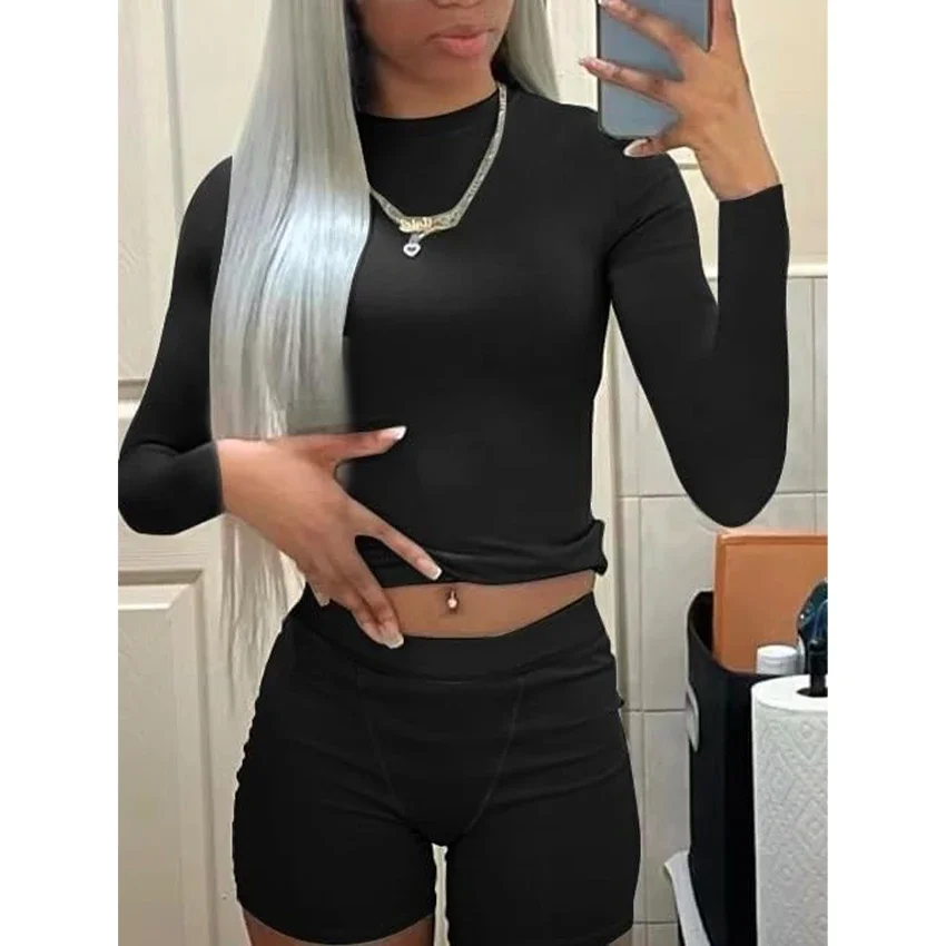 Women's 2-piece ribbed long sleeved slim fit round neck T-shirt high waisted shorts casual matching set