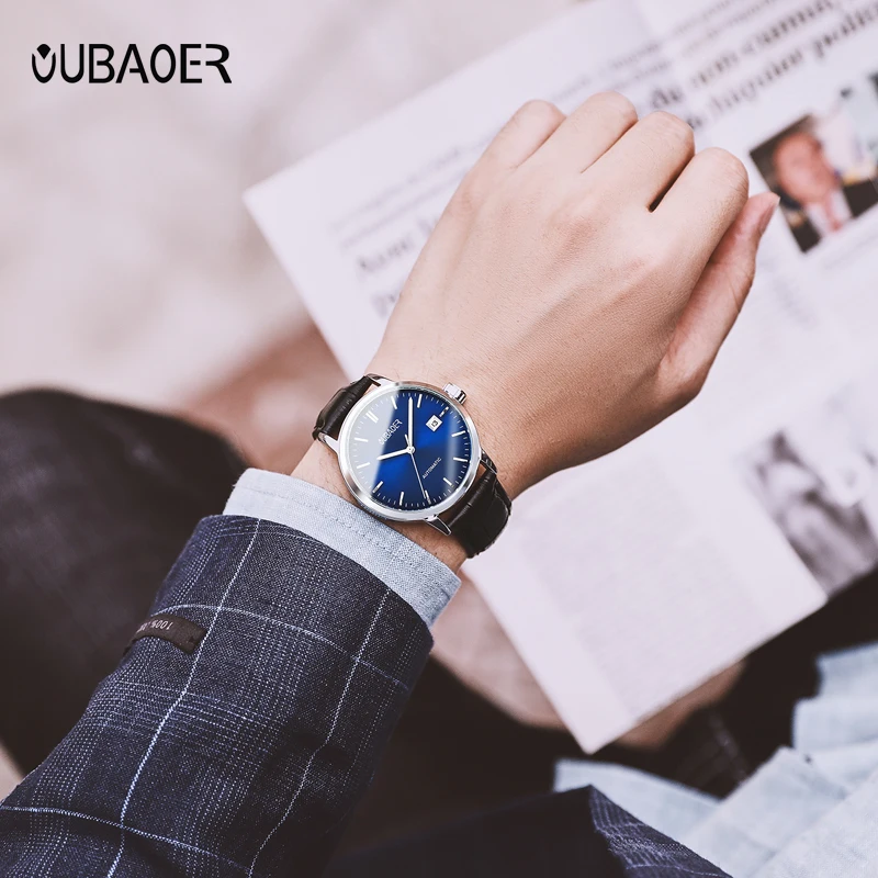 OUBAOER Men Watch Automatic Mechanical Male Bussiness Leather Strap Wristwatches Auto Date Waterproof Classic Minimalist Clocks