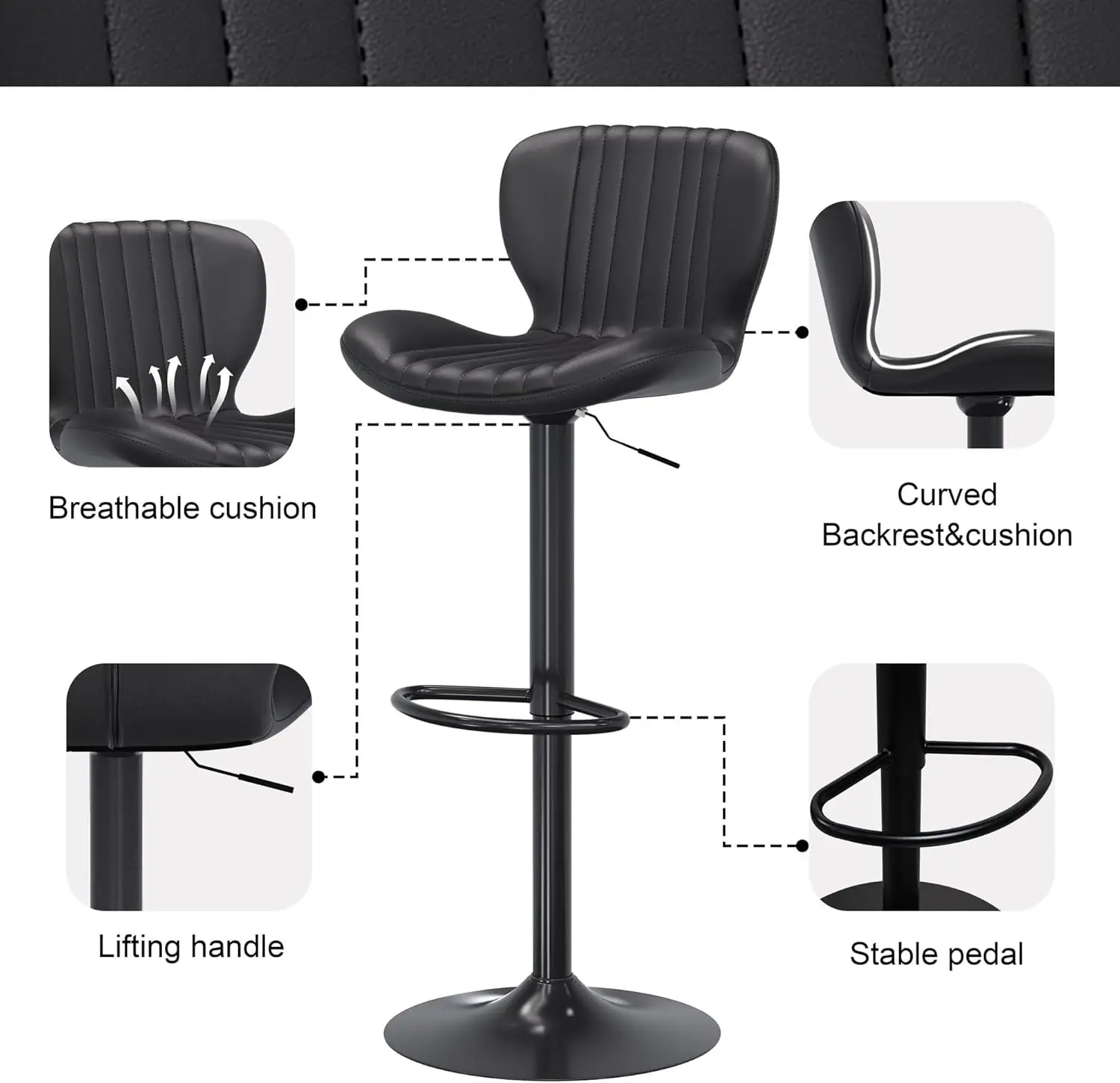 가죽 바 스툴 4개 세트, 조절 가능한 카운터 높이, 주방용 모던 블랙 아일랜드 의자