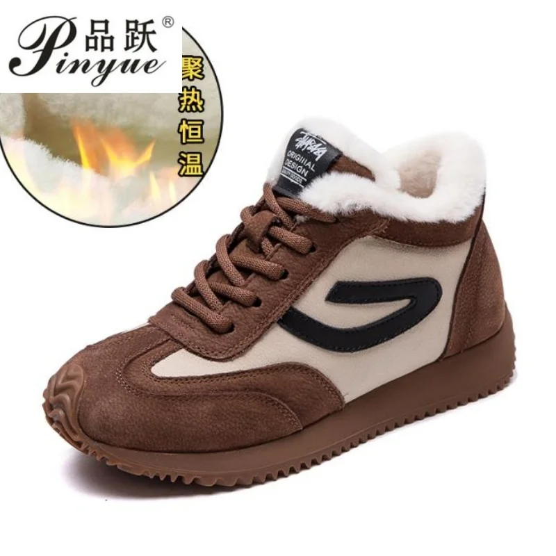 

Genuine Leather Women Boots Lady Platform Flats Plush Warm Causal Autumn Winter Fashion Thick Bottom Sneakers Shoes 35-40