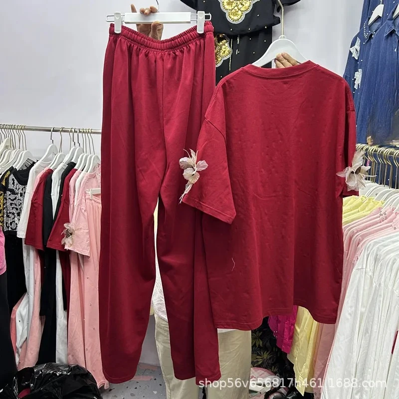 ラインストーン3Dフラワー半袖Tシャツトップスーツ、伸縮性ウエストワイドレッグロングパンツ、Tシャツツーピースセット、レディース可愛い服