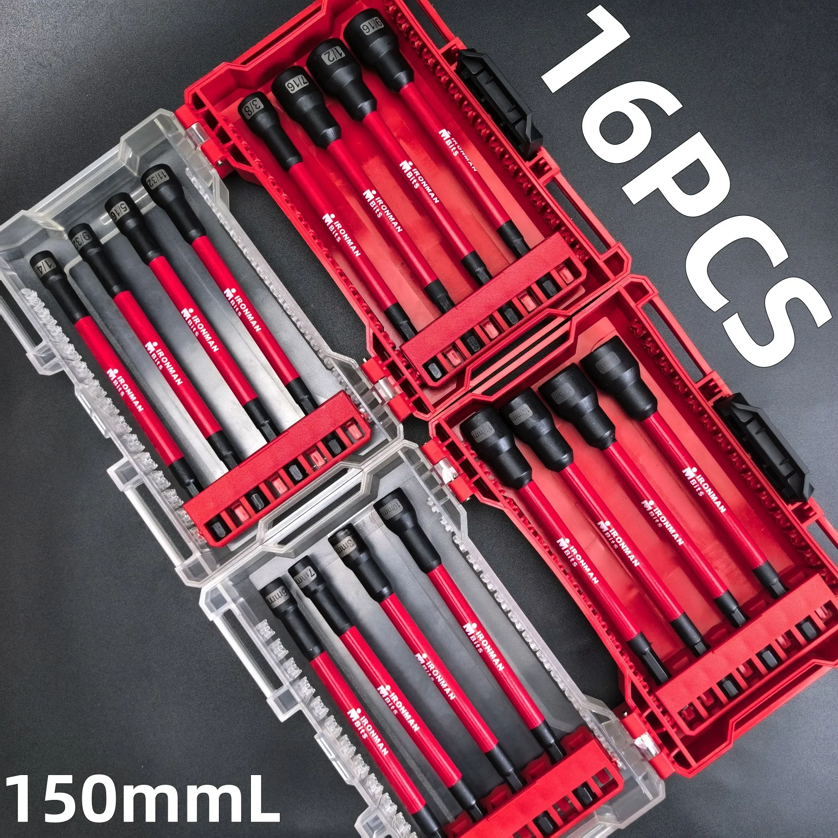 

16PCS Magnetic Impact Socket Set Nut Driver Bit Kit SAE Metric Deep Socket Adapter 150mm 6 Inch Extension for Drill Driver